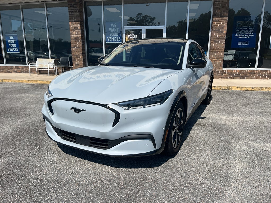 2023 Ford Mustang Mach-E Premium in Space White Metallic — front three-quarter view